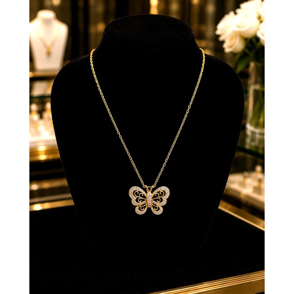 Gold Tone Butterfly Pendant Necklace Clear Rhinestone Filigree Adjustable Chain